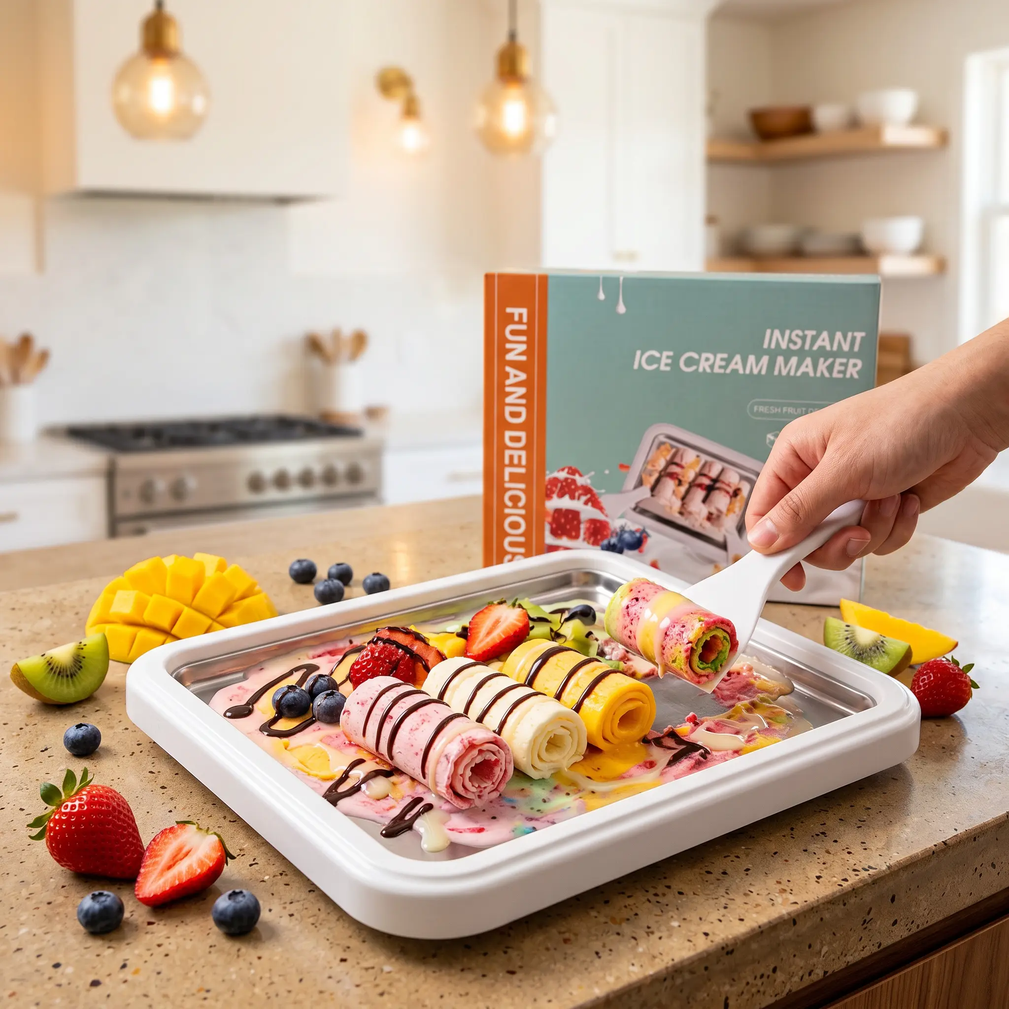 304 SS Stainless Steel Instant Rolled Ice Cream Maker Pan - 2-in-1 DIY Treats Kit with Spatula for Family Fun, Compact Portable Car Interior Stowing-Tidying Accessory for Easy Clean & Storage