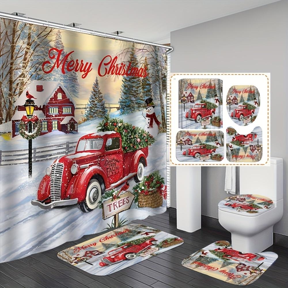 Christmas Themed Bathroom Decorations, 4 Counts/set Including Shower Curtain & Toilet U-shape Mat & Bath Mat & Toilet Lid Cover, Bathroom Accessories