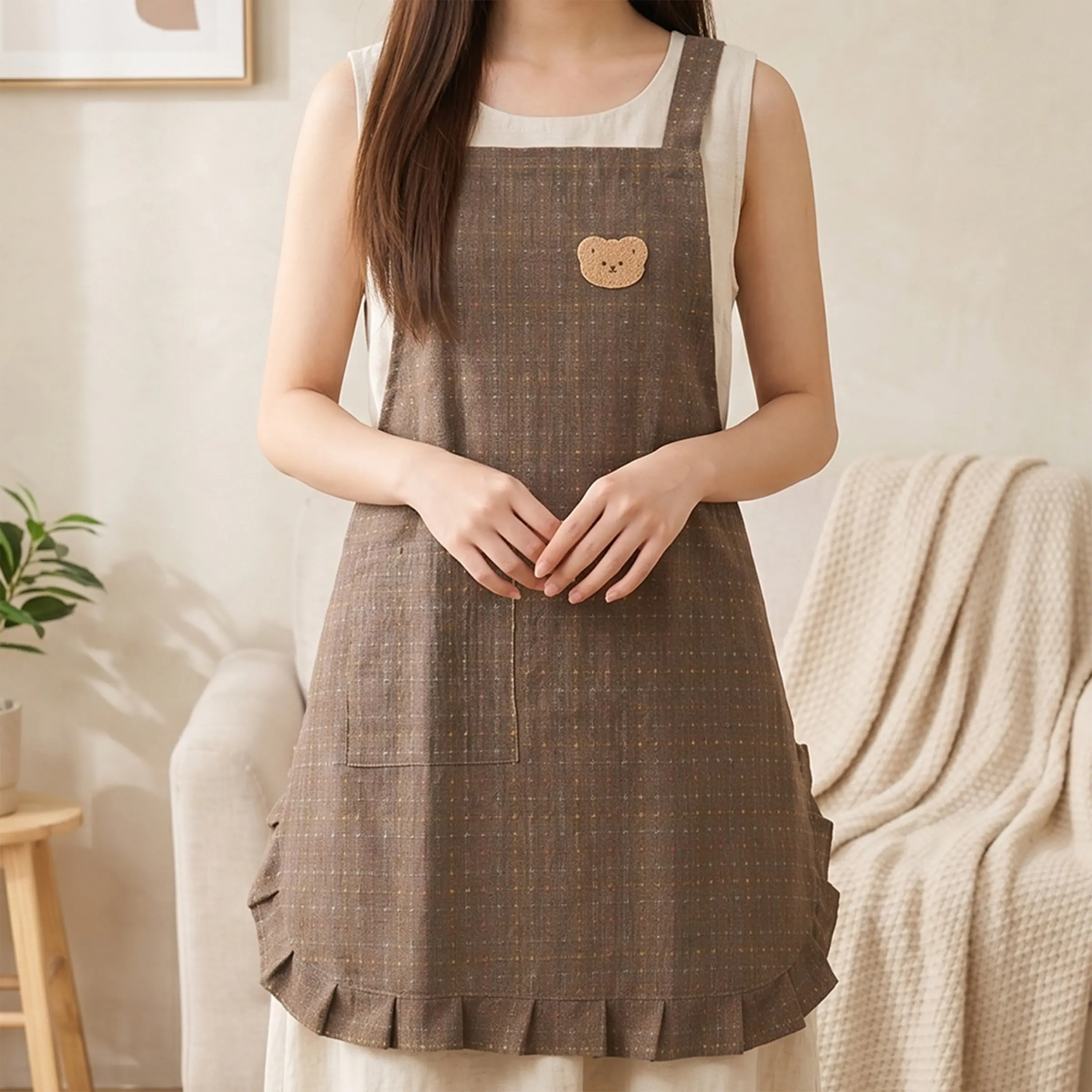 1pc New Japanese Style Apron with Large Pockets, Breathable Strap Design, Ideal for Kitchen Cooking and Baking, Women's Home Use Apron