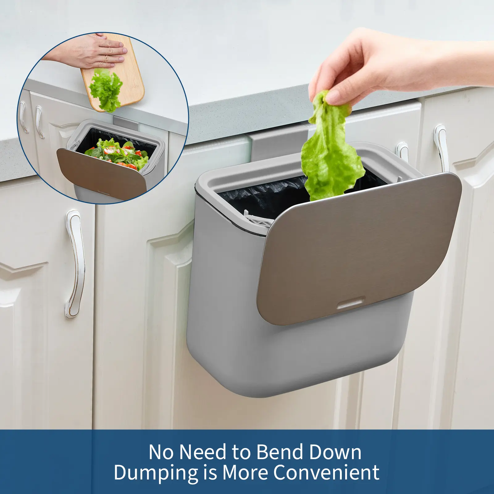 Gray 7L Steel Odor-Proof Hanging Kitchen Compost Bin with Stainless Steel Lid, 26*15.6*22.8cm Mountable Slide Trash Can for Cabinet Door, Space-Saving Indoor Food Waste Recycling Cleaning Storage (Single Unit)