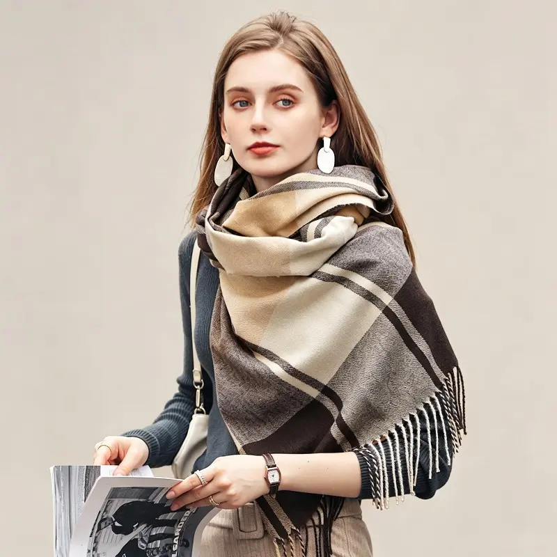 Women’s Faux Cashmere Stripe Plaid Tassel Scarf, Thick Warm Shawl Wrap for Ladies Girls, Casual Fashion Accessory for Fall & Winter