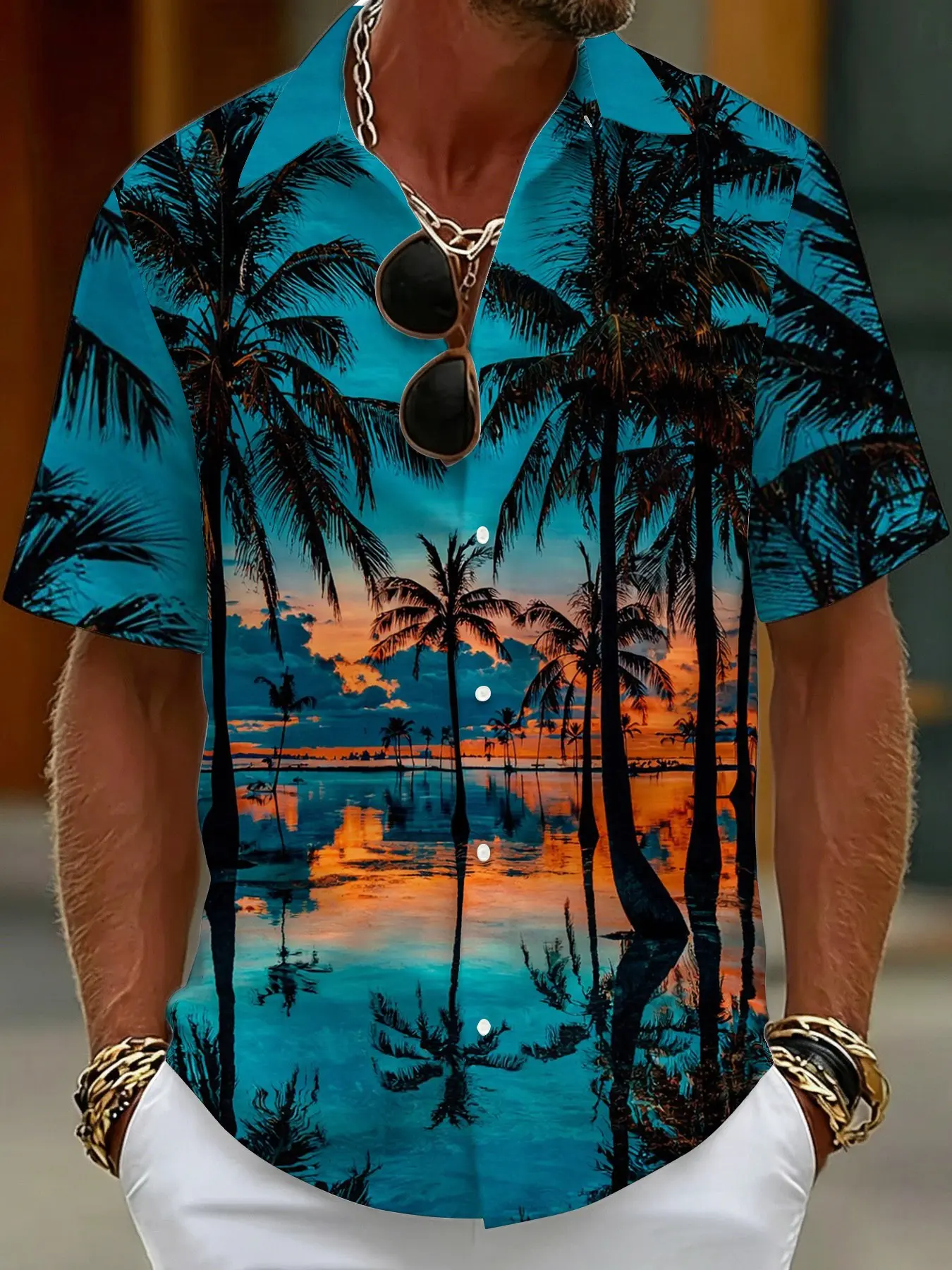 Men's Button-Down Hawaiian Casual Collared Tropical Short-Sleeve Shirt with Sunset, Coconut Grove, and Ocean View Print