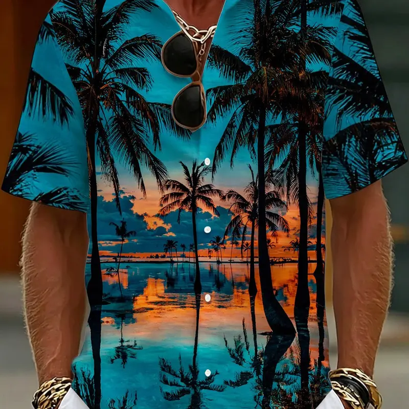 Men's Button-Down Hawaiian Collared Tropical Short-Sleeve Beachy Shirt with Sunset, Coconut Grove, and Ocean View Print