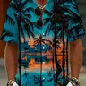 Men's Button-Down Hawaiian Collared Tropical Short-Sleeve Beachy Shirt with Sunset, Coconut Grove, and Ocean View Print