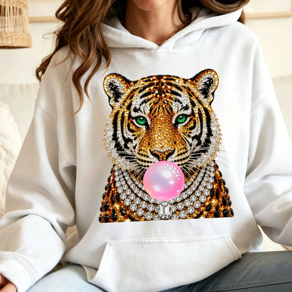 Funny Tiger Graphic Cotton Hoodie Rhinestone Print Bubble Gum Oversized Sweatshirt With Pocket Y2K Baddie Streetwear Hooded Top