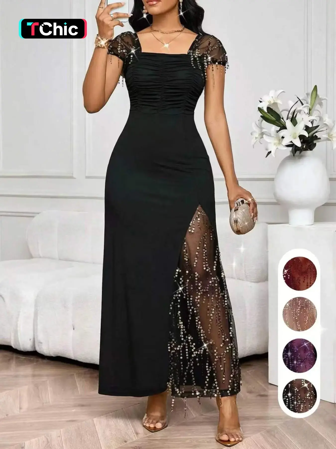 Spring & Summer Elegant Chic Mesh Knit Dress, Sequins Fringe Formal Evening Glam Gown, Long Sleeve Party Dress for Weddings