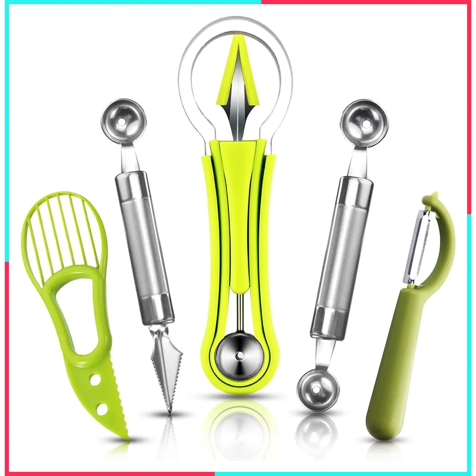 5Pcs 4-in-1 Stainless Steel Melon Baller Scoop Set, Double Sided Fruit Scooper, Seed Remover Cutter, Avocado Cutter, Watermelon Carving Knife, Fruit Pulp Separator and Slicer