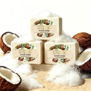3Pcs, Coconut Scrub Soap, Handmade Soap, Skin care soap, Face body soap, Clean Hair And Body Skin, Low Allergenicity, Combination Packaging, Independent Packaging Design, Convenient For Travel And Business Use, Send Bubble Net -100g