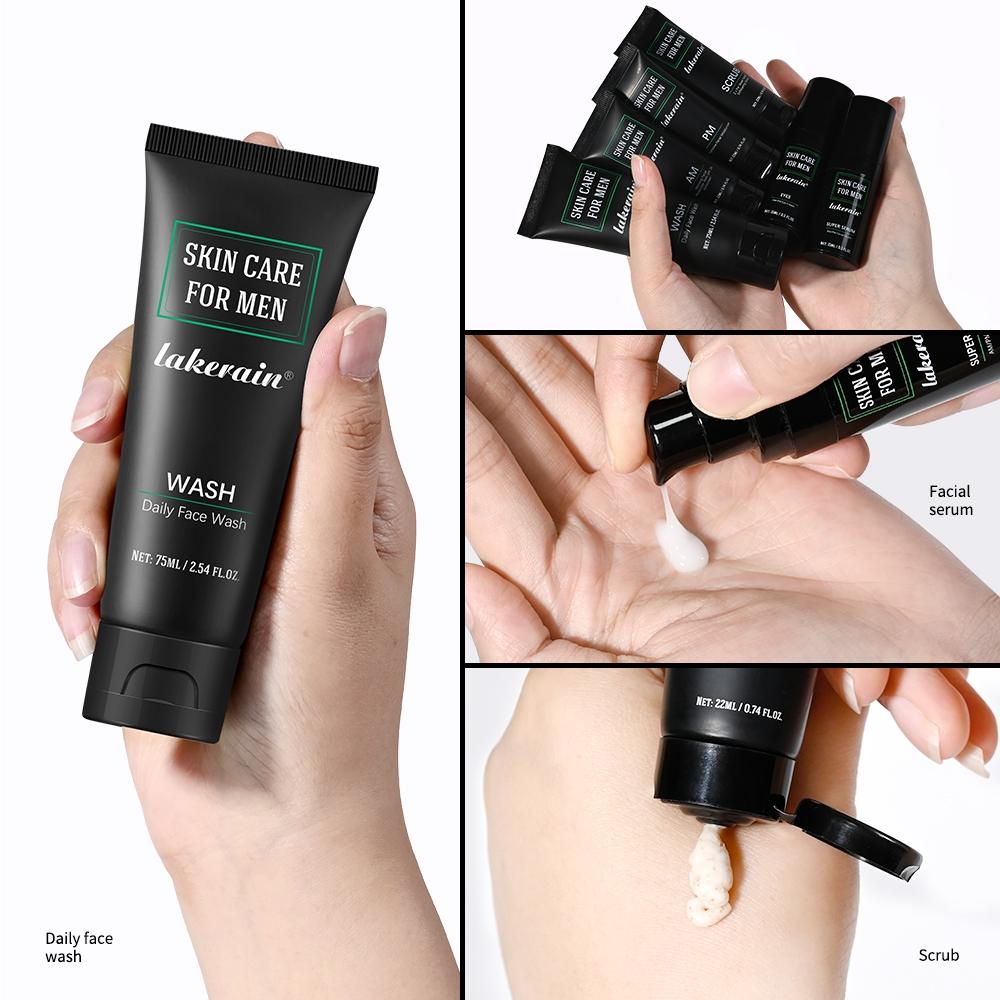 Men's Complete Skincare, 6PCS Set Oil Control, Hydration & Smoothing Kit | Mini Travel Size including Face Wash + Scrub + Day/Night Eye Serum + SPF Day Cream + Night Cream, Perfect for Business Travel & Daily Use, Moisturizing