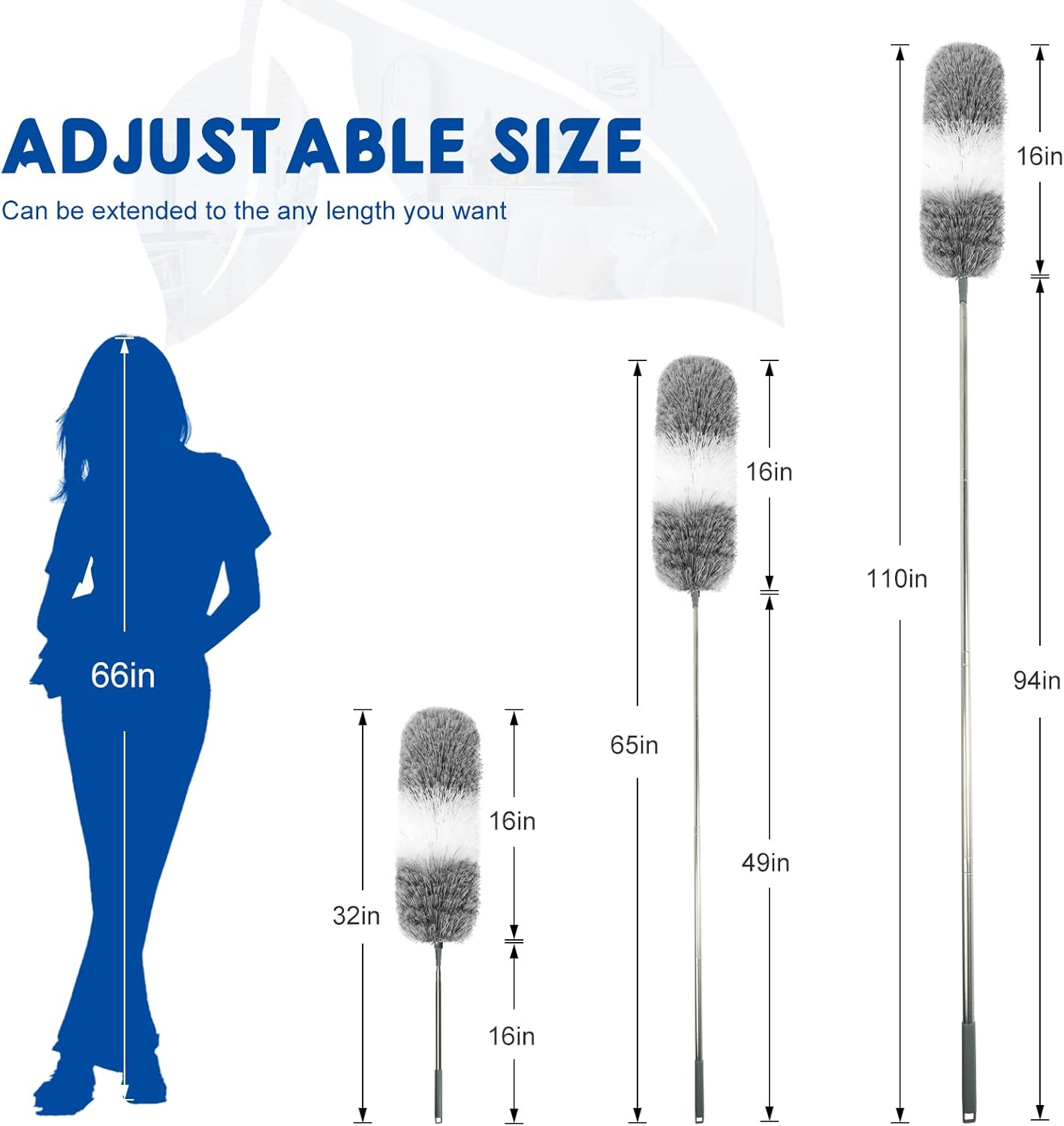 Microfiber Feather Duster for Cleaning, Extendable Duster with Telescopic Pole and 2 Replaceable Flexible Heads, Dust Removal Tool Suitable for Ceiling Fans, Furniture, Cars, Home and Kitchen Gadgets