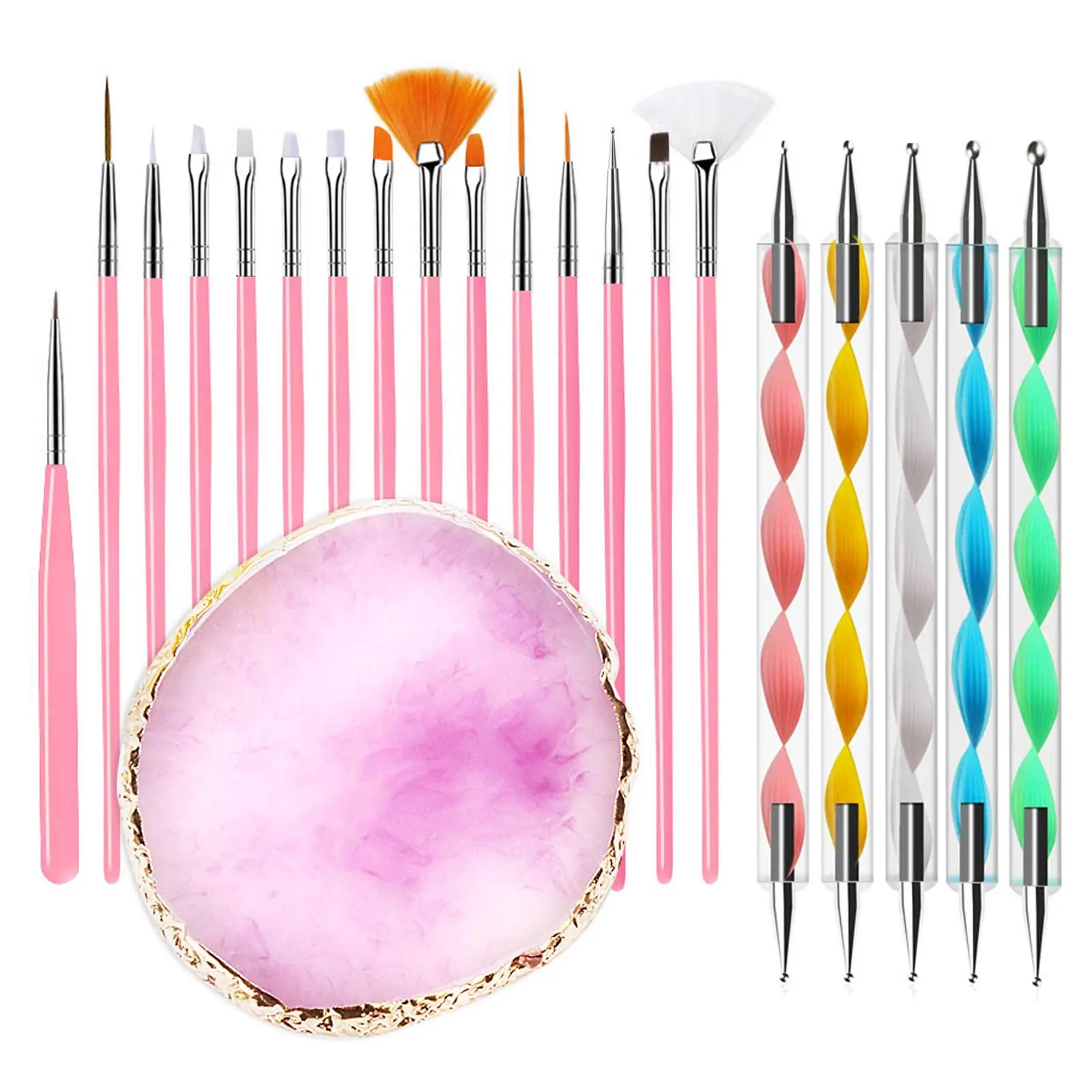 21pcs Nail Art Palette Resin Agate Painted Brush Nail Brush Set, Nail Art Brush Set for Design Tips, Acrylic Gel Lines, Painting, Drawing, Carving, Dotting Pen, DIY Manicure Tool, Suitable For Home Nail Salon