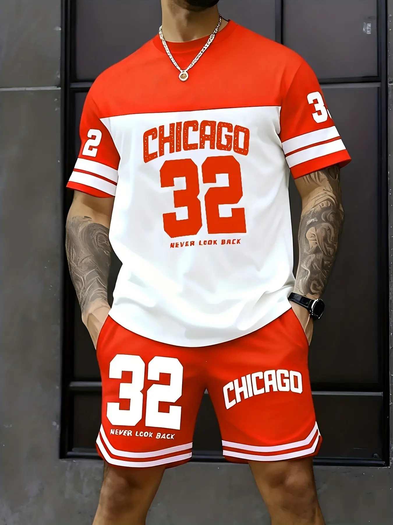 Men American Chicago Number 32 Color Block Short Sleeve And Shorts Two Piece Set Letter Slogan Print Loose Street Sports Casual Outfit