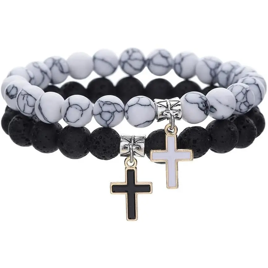 2 count Set Matte Lava Rock Beaded Couple Bracelet Black White 8mm Howlite Volcanic Stone Matching Beads Elastic  Pendant Stretch Bracelets Religion Charm BFF  for Women Men
