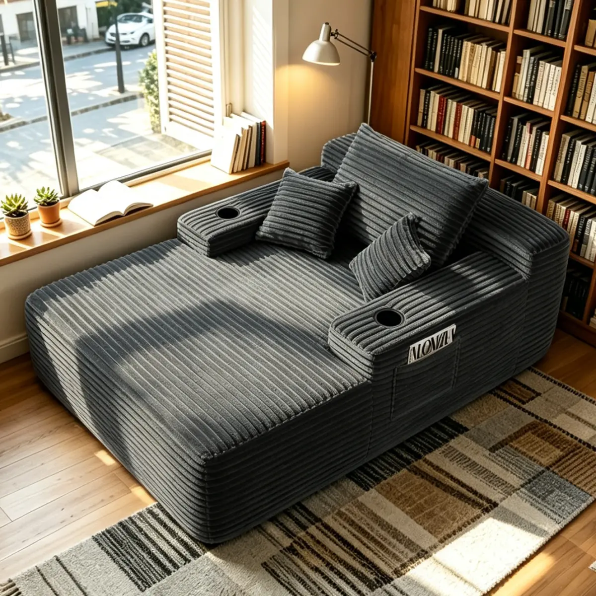 Convertible Chaise Lounge Chair Plush with Wide Armrest & Throw Pillows, Cozy Boneless Sleeper Sofa Bed Armchair, with cup holder,for Living Room, Bedroom, No Assembly Required,grey