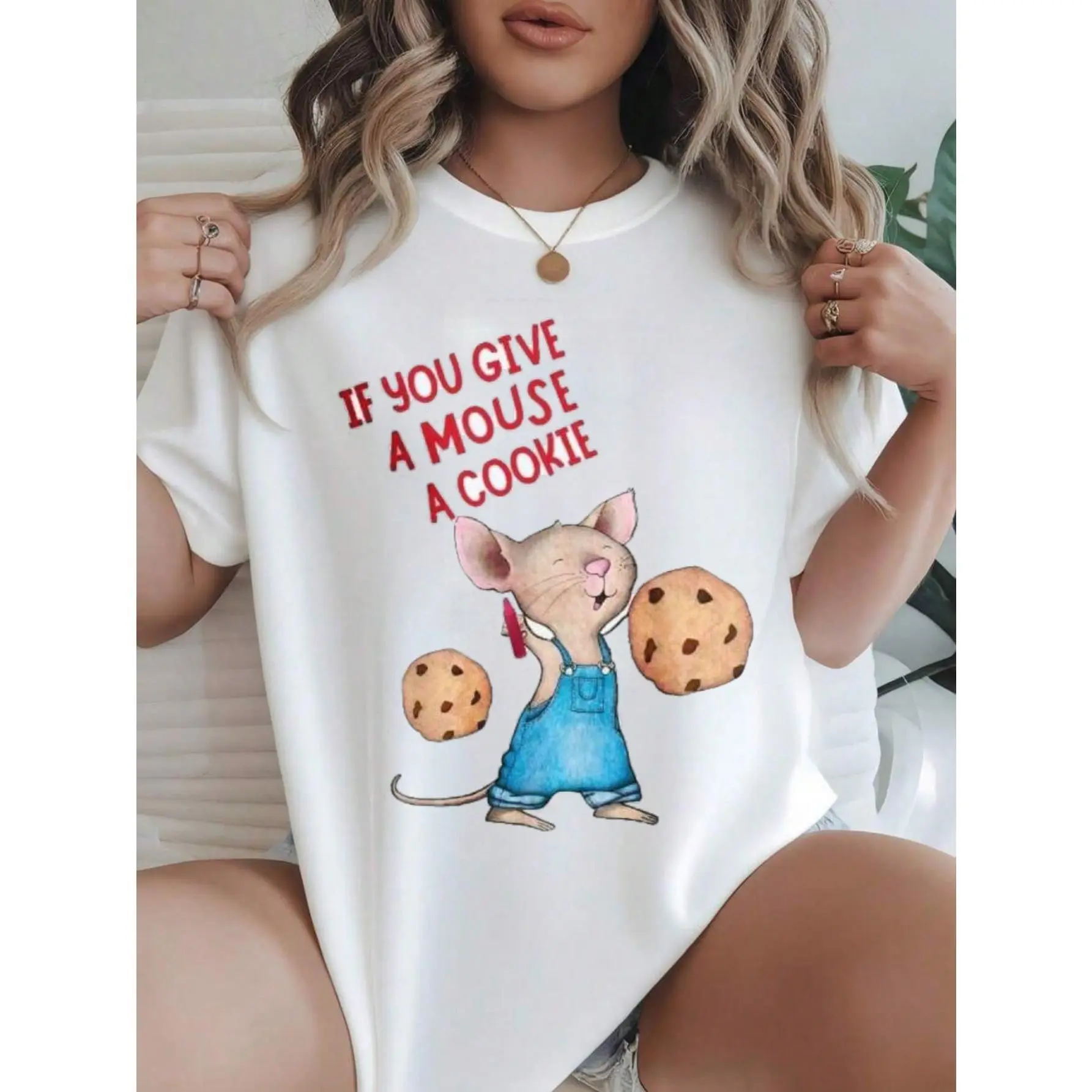 Loose Fit Graphic T-Shirt for Women, Casual If You Give A Mouse A Cookie Print in 100% Cotton, Short Sleeve, Soft & Breathable, Shortsleeve, Knitted, Piece, Fabric, Clothes, One Piece