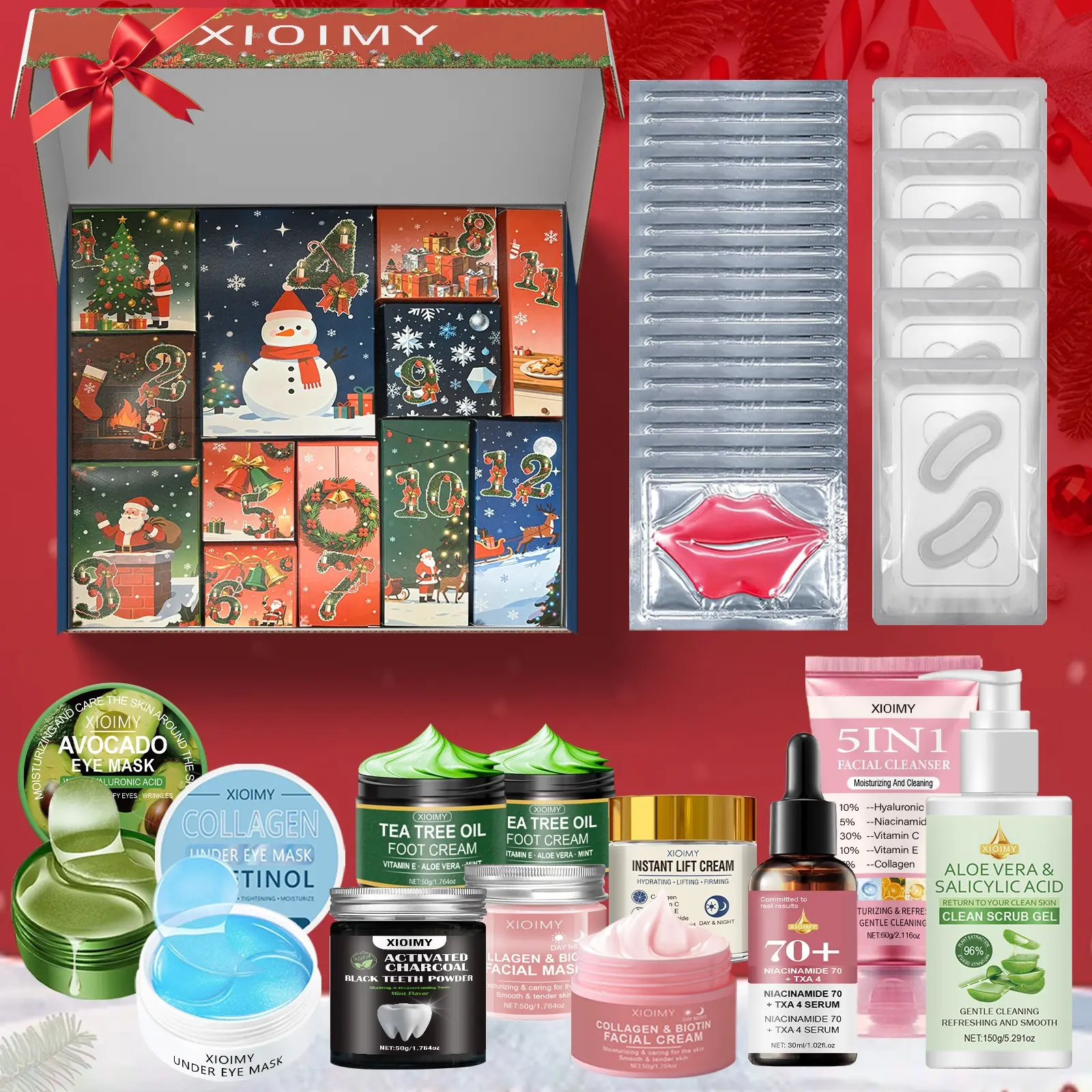 Christmas Surprise Skincare Set Gift Box, Includes Eye Masks, Lip Mask, Micro Needle Patches, Collagen Mask, Tea Tree Foot Cream, Face Creams, Cleanser, Serum, Exfoliator, Moisturizing Care Set