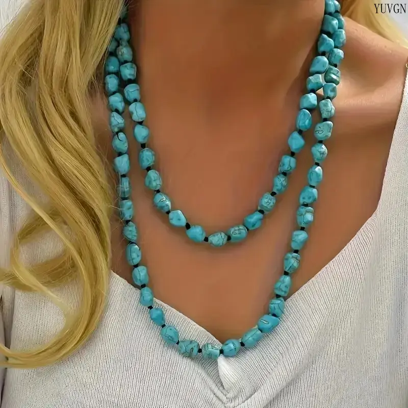 Natural Turquoise Necklace for Women, Elegant Vintage Gemstone Teardrop Pendant on a Minimalist Layering Chain, Layered Wear, Minimalist Chain