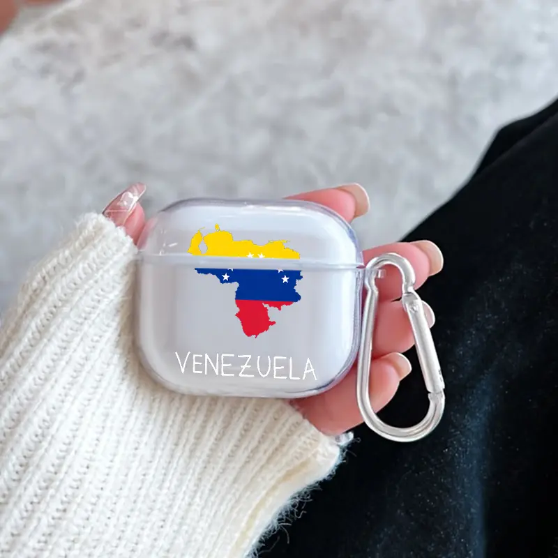 Venezuela's National Map Pattern TPU Soft Protective Case for Apple AirPods 4/3/2/1/Pro/Pro2 Transparent Earphone Cover with Keychain Attachment