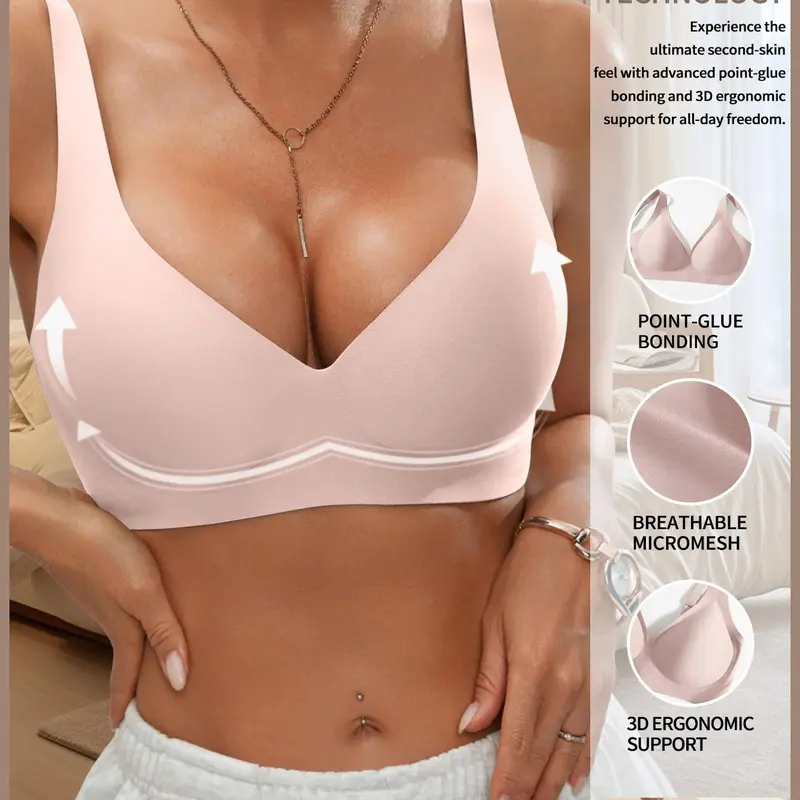 Women's Wireless Seamless Jelly Bra, Deep V Design, Medium Support, Three-Quarter Cup, Casual Fitted Lining, All Seasons Wear