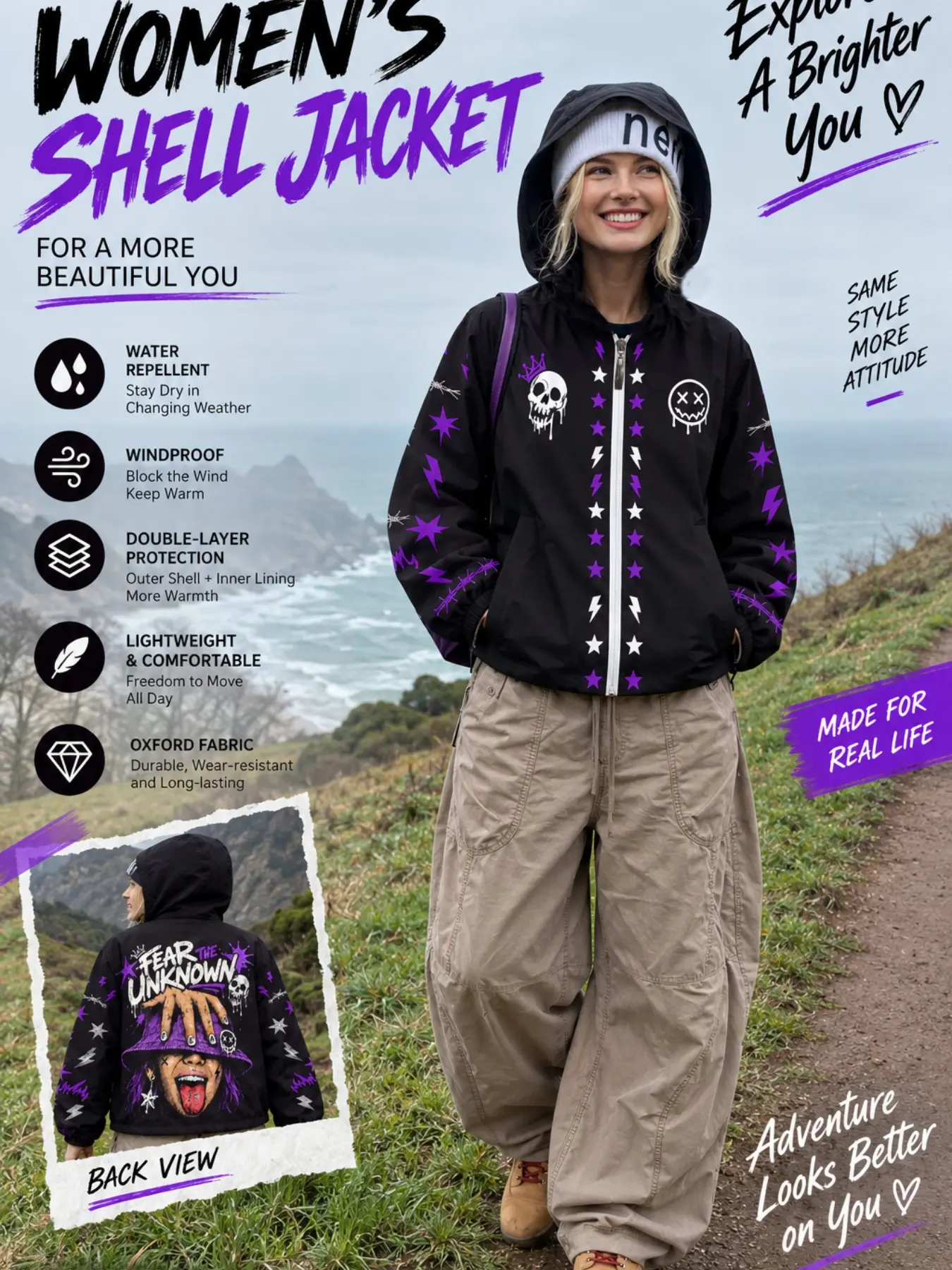 Women's Gothic Skull Print Windbreaker Jacket, Loose Fashion Jacket, Hooded Full Zipper, Star Lightning Streetwear, Fall Winter Outdoor Coat