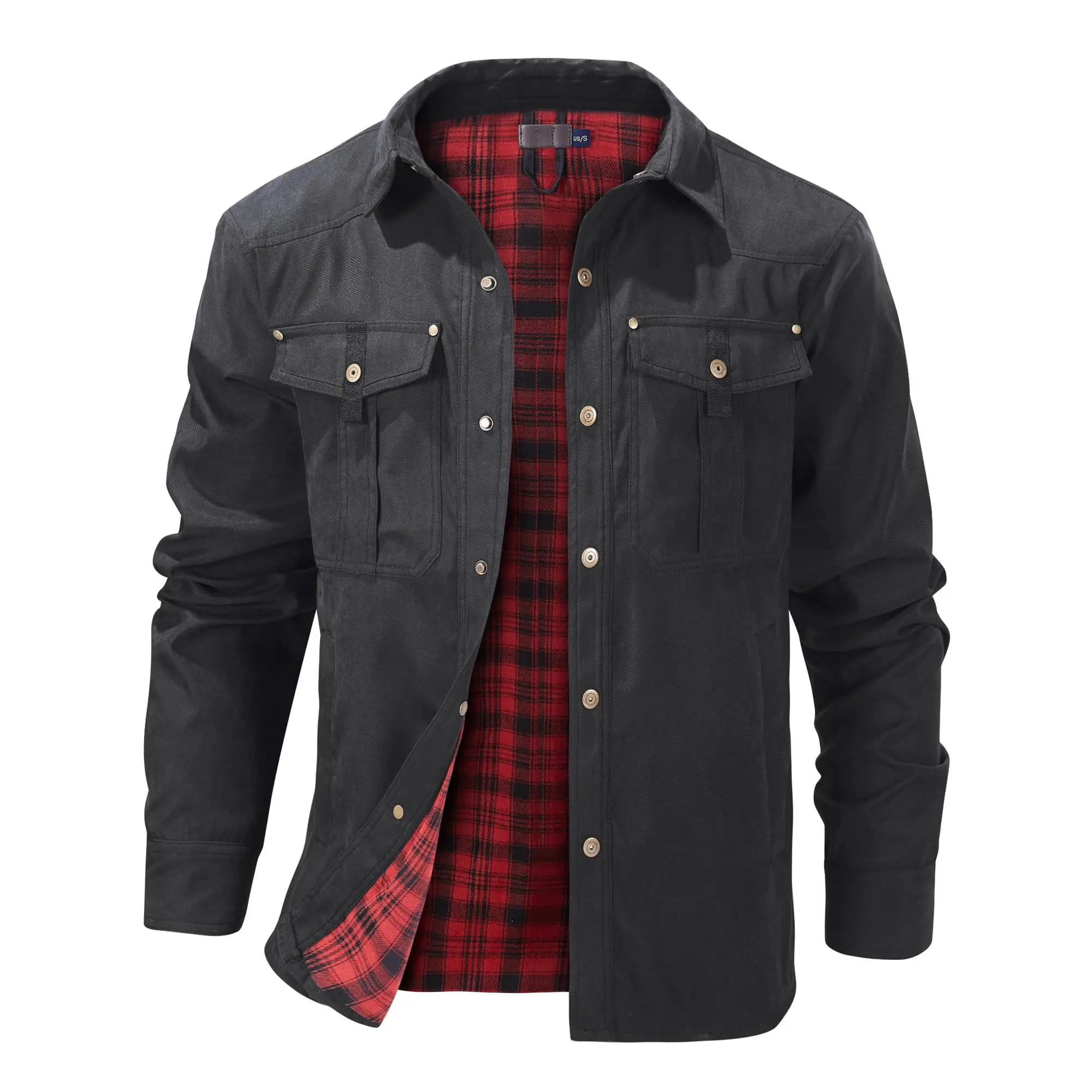 BIGWIG Men's Plaid Flannel Jacket, Winter Bomber Jacket, Warm Workwear Jacket, Flannel Lined, Lightweight Snap Button, Lapel Casual Jacket, Retro Western Style Jacket
