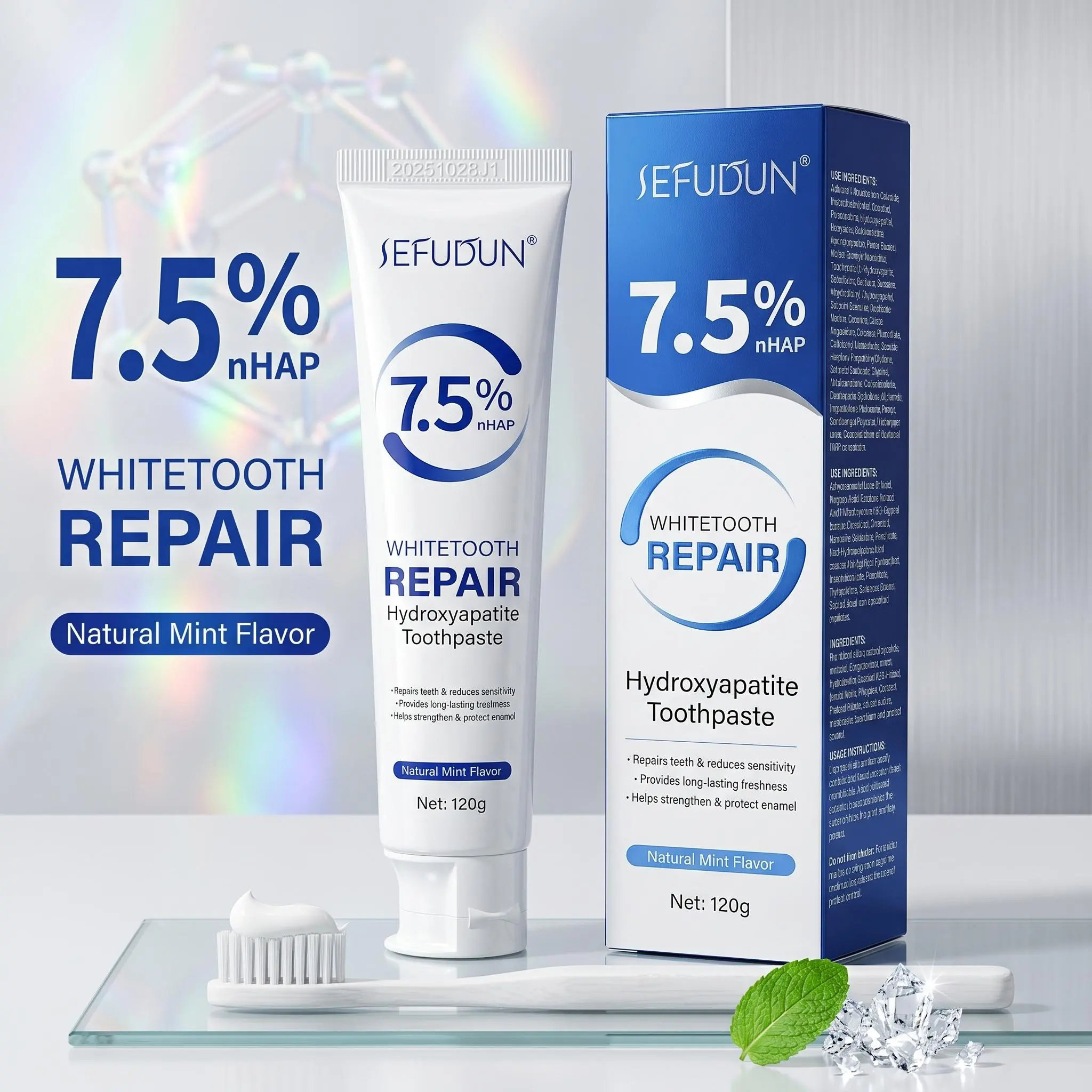 Nano Hydroxyapatite Daily Care Toothpaste, 7.5% nHAP Formula for Enamel Repair & Sensitivity Care, Fluoride-Free, Natural Mint Flavor, 120g, Nano Hydroxyapatite Toothpaste, Healthy Toothpaste, Fragrance Free