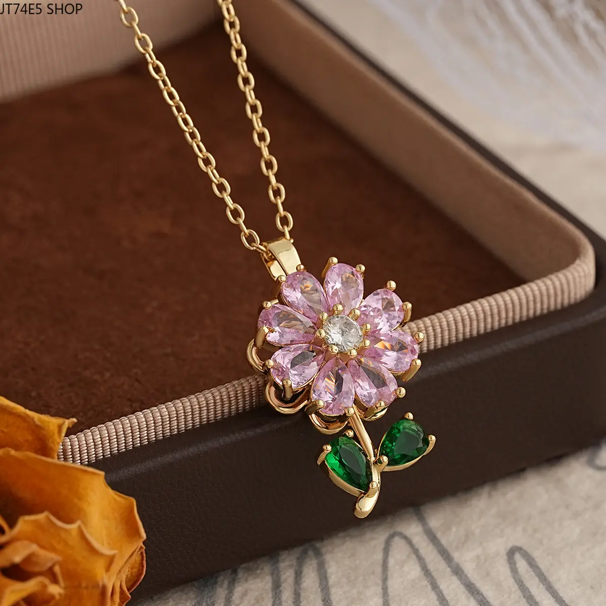 Women's Niche Luxury 2-Piece Stainless Steel Set - Rotatable Flower Fidget Ring, Color Zircon Floral Necklace, Real Metal Plated Gold Matching Jewelry for Female Daily & Party Outfits, Party Wear, Ladies' Jewelry, Combined Setting, Pink Ring, Adults