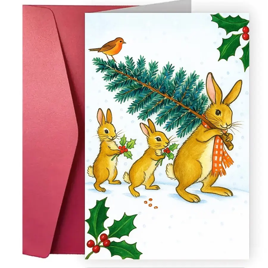 Adorable Bunny Family Christmas Tree & Holly Branches Card, Personalizable Holiday Greeting Card, Nursery Wall Decor, Winter Celebration
