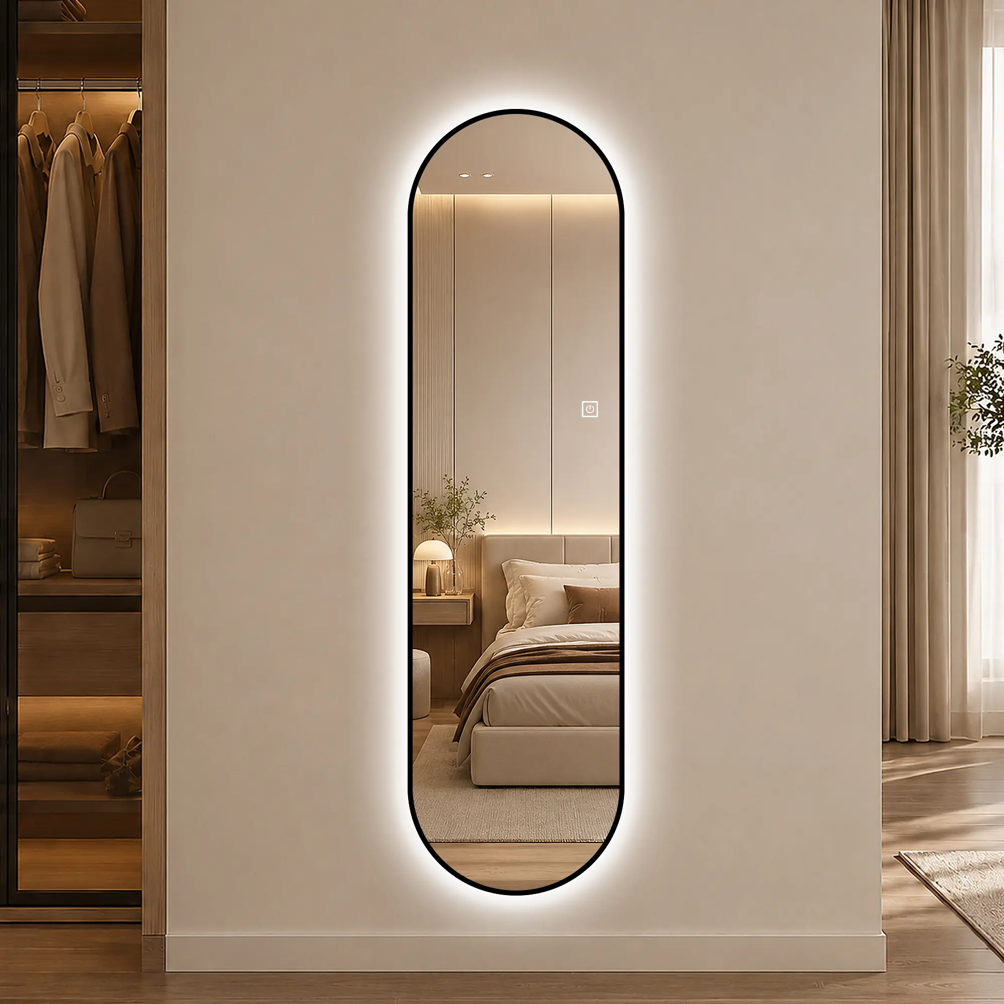ARCH 65x18 Inch Dimmable LED Full Length Wall Mirror with Black Frame, Capsule-Shaped Wall Mounted Mirror with 3 Color Temperatures, Touch Control Memory Function, Plug-In or Hardwired, for Bedroom Living Room Salon, Silver Color Options