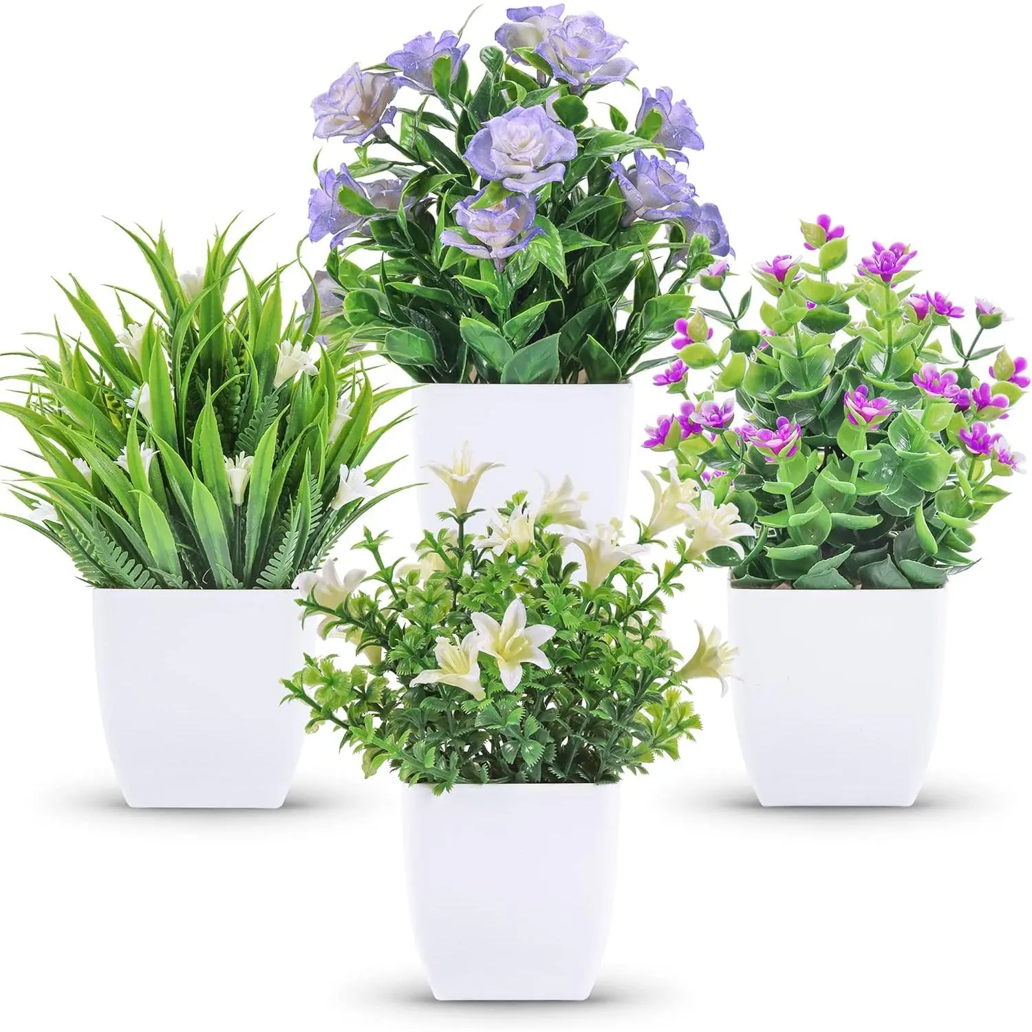 4-Pack Small UV-Resistant Artificial Flower Plants, Home Decor for Bathroom, Desk Shelf, Farmhouse Spaces
