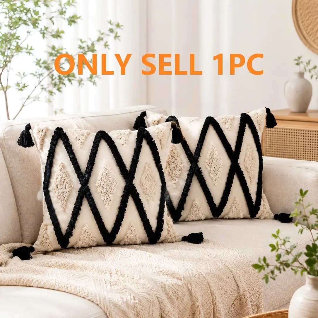 1ps/2psc Boho Moroccan Diamond Trellis Throw Pillow Cover, Aesthetic Black Ivory Tufted Cushion Case with Tassel Corners, Hidden Zipper, Room Decor Pillowcase (No Insert) for Sofa Couch Bedroom Living Room Home Decor Bedroom Decorative Accessories