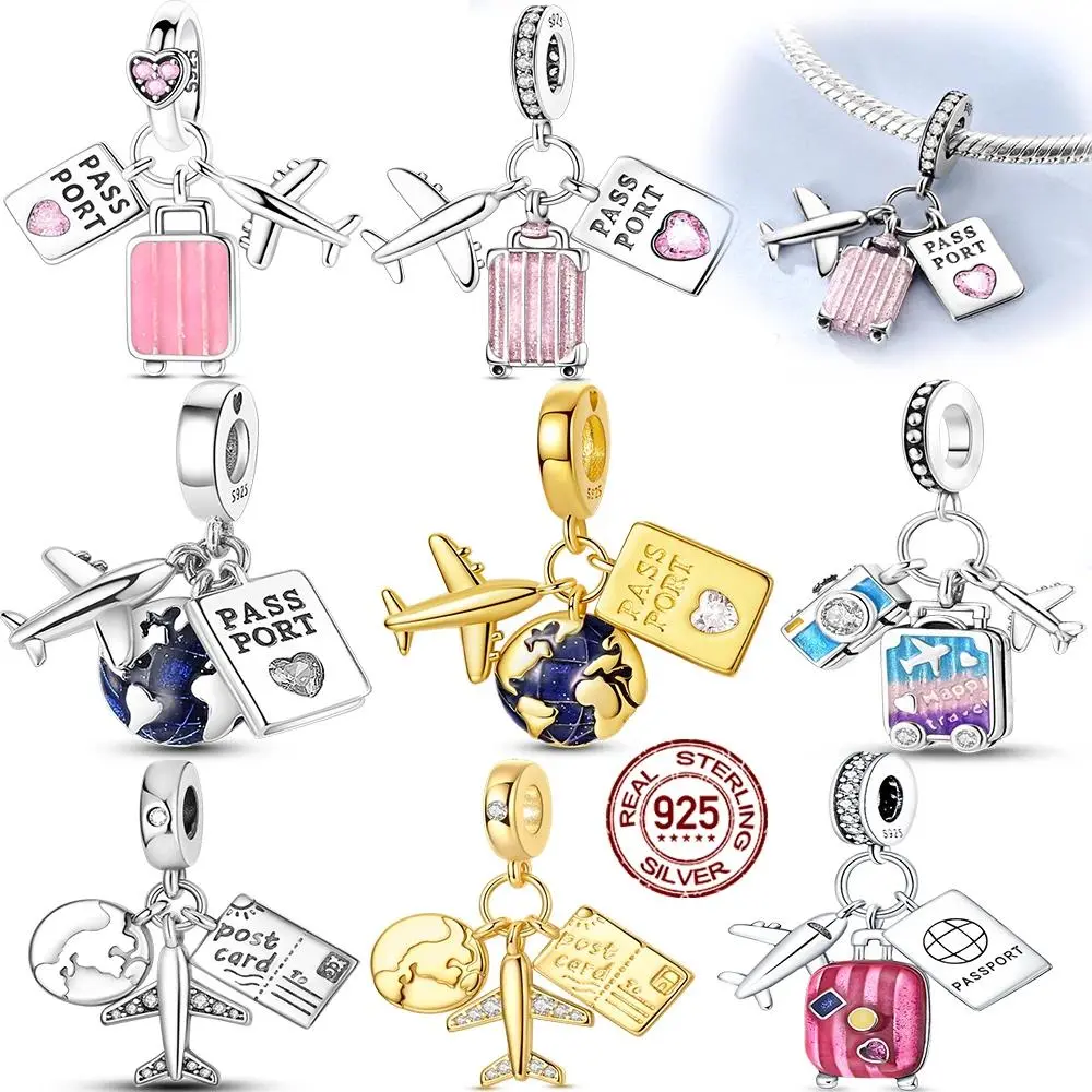 925 Sterling Silver Plane Passport Suitcase Series Pendant Charms Jewelry Fit Original 925 Bracelet For Women DIY Gift