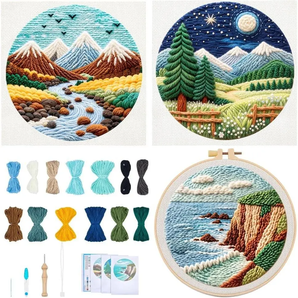 3PCS Landscape Punch Needle Kit for Adults Beginners, Complete Needlepoint Craft Set with Hoop, Punch Needle Starter Kit for Cloth Festival Gift and Home Decor, 20X20CMGift