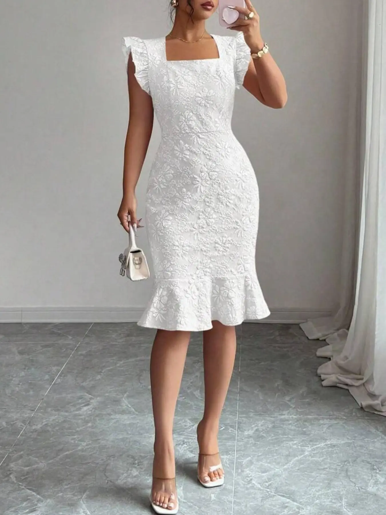 Summer New Slimming French Square Neck Ruffle Fish Tail Elegant Lace Dress, Knee-Length Dress for Summer Dates, Office Wear, Formal Wear and Elegance