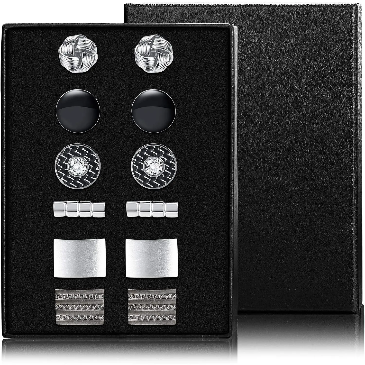 6 Pairs Classic Men's Cufflinks, Personalized Silver & Black Unique Cufflinks, Wedding & Business Tuxedo Shirt Cufflink Set with Gift Box
