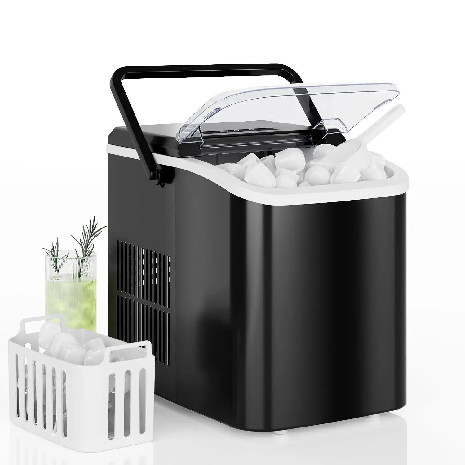 Black Portable Countertop Ice Maker with Handle - Home Kitchen Appliance for Ice Making, 26lbs/day Production, 9 Bullet Cubes Ready in 6 Mins, Self-Cleaning, Quiet Compact for Home, RV