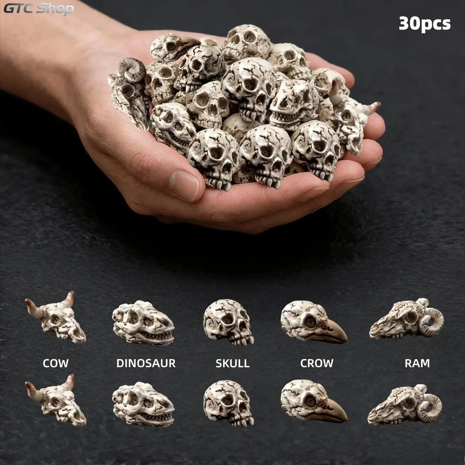 30 Pack Gothic Resin Mini Animal Head Charm Set, Crow Dinosaur Cow Shaped Craft Ornaments, Multi-Size DIY Embellishments for Bag Accessories Plant Pot Decor, Spooky Themed Craft Supplies & Holiday Party Decoration