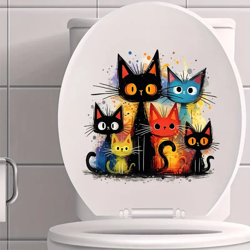 Cute Cartoon Cat Toilet Stickers 1 Pack Waterproof Bathroom Decor Stickers With Black Cat Blue Cat Orange Cat Bright Fun Patterns For Toilet Lids And Containers Cute Bathroom Accent For Home Bathroom