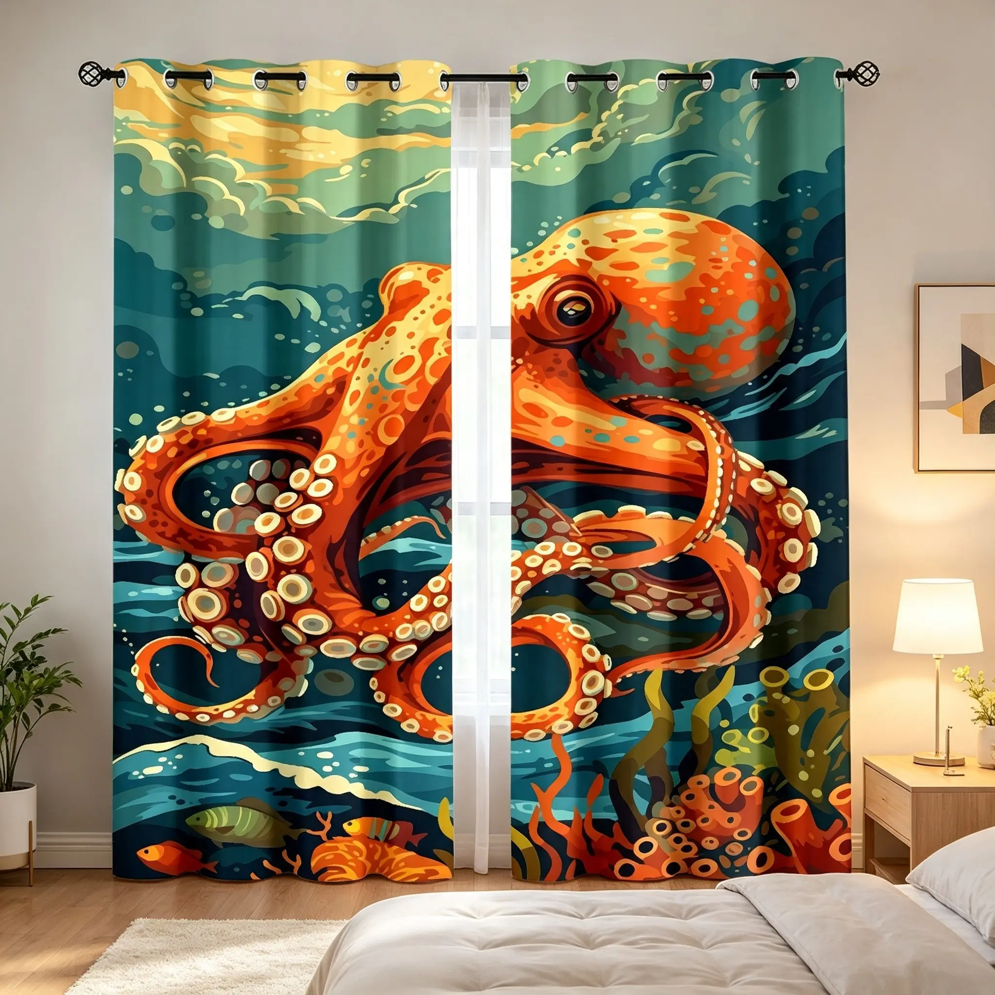 2 Panels Ocean Octopus Printed Curtains,Nautical Marine Animal Decoration Curtains, POD Digital Art Sea Creature Window Drapes, Thermal Insulated Curtain for Bedroom Living Room, Unique Coastal Home Decor Gift for Ocean Lovers