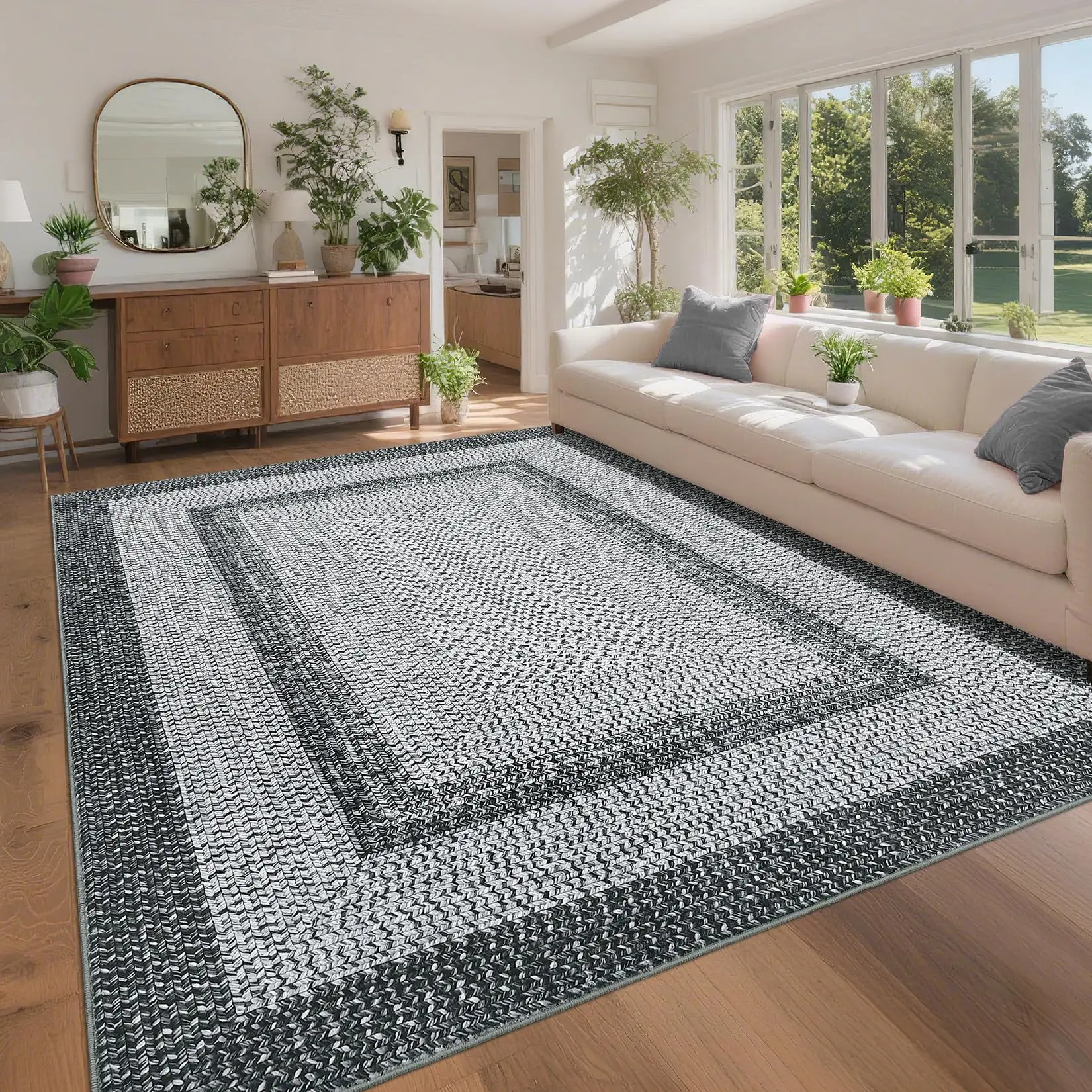 5x7 Washable Woven Area Rug, Geometric Pearl Velvet Carpet with TPR Non Slip Backing, Foldable Rug for Bedroom Living Room Office, Gray Blue
