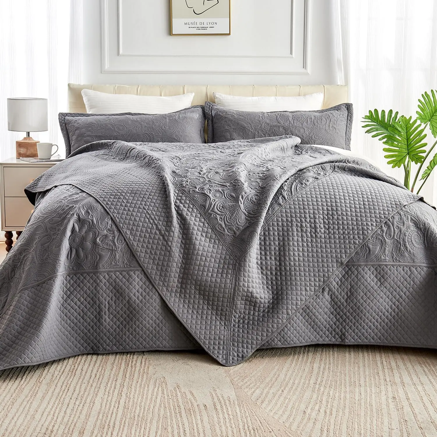 Oversized Floral Quilt Set - King (128x120 in) & California King Bedspread, Ultrasonic Quilting Soft Microfiber Lightweight Extra Large Bedding with 2 Pillow Shams, Dark Grey
