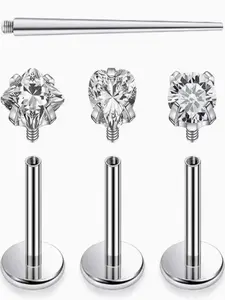 4-Piece Stainless Steel Piercing Set, 16g Threaded Ear Noses Rings, Heart Circle Square Shapes, Unisex Jewelry with Guide Needle