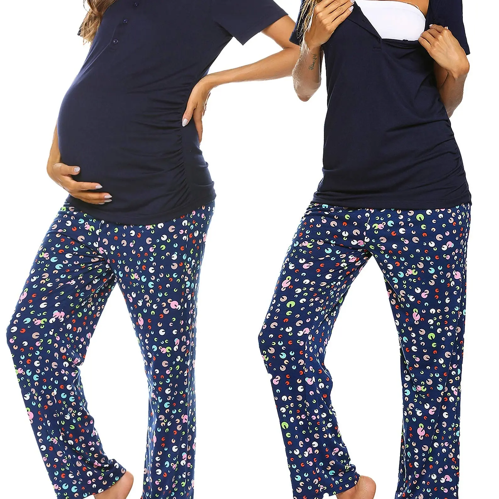 Women's Maternity Nursing Pajamas Set Breastfeeding Sleepwear Short Sleeve Top & Pants Pjs for Pregnant Navy Blue Print M