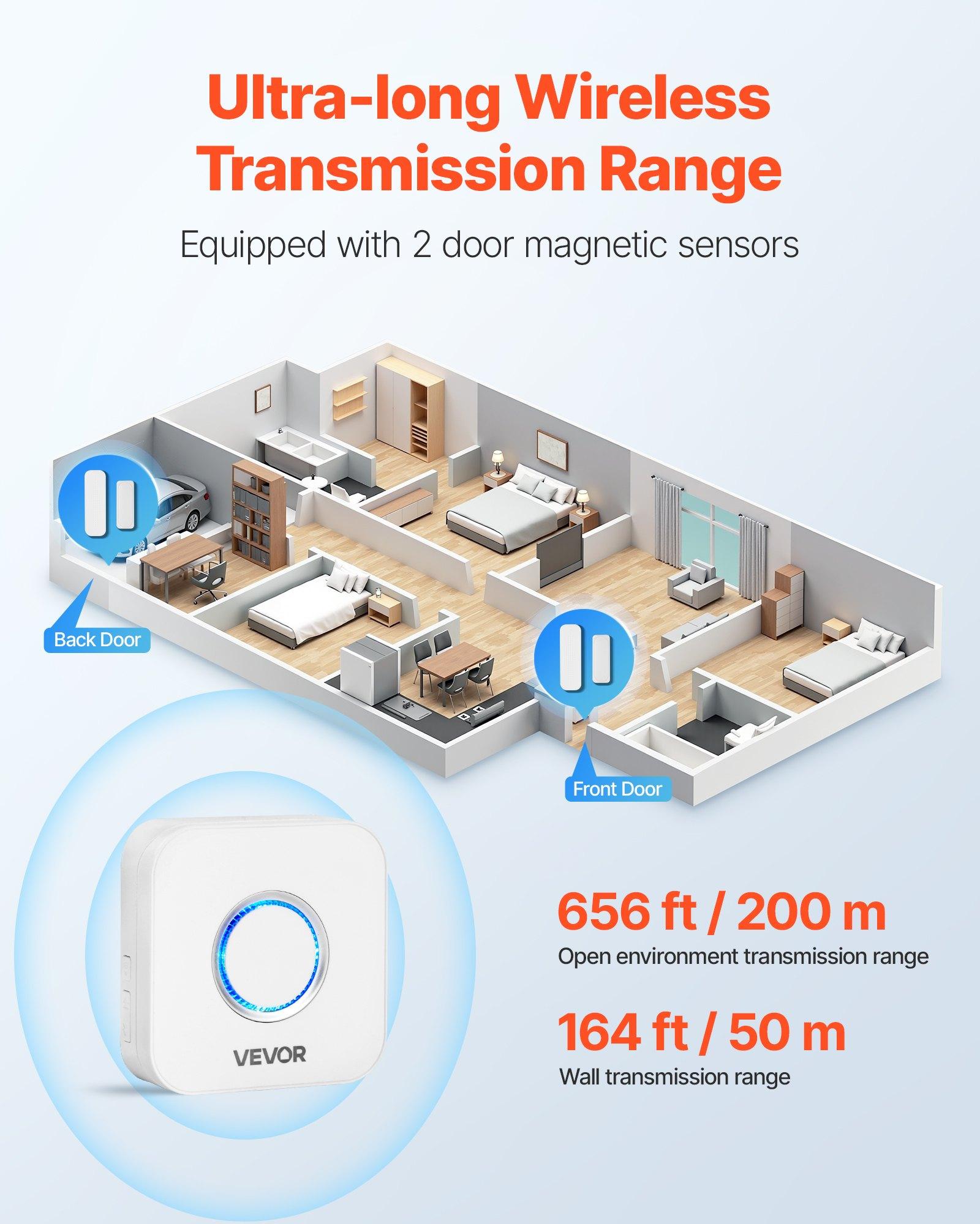 VEVOR Door Chime, DC 12V, Wireless Door Open Contact Sensor Alarm Chime with 656 ft Range, 58 Chimes & 5 Adjustable Volume, Doors Ringer Alert for Business, Store, Home, Office When Entering