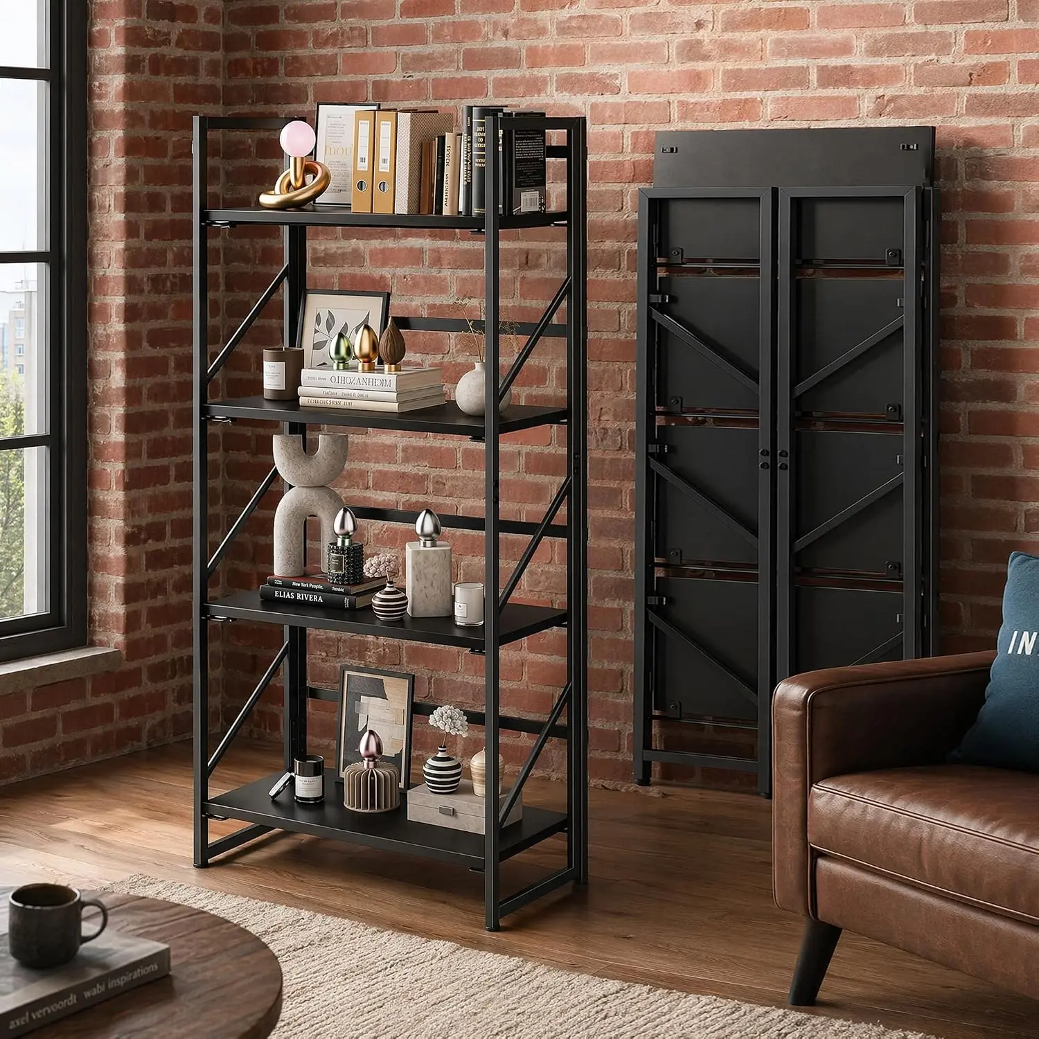Folding Bookshelf, 2-in-1 Convertible Design, Multifunctional  Stand Storage Rack Shelves for  Office, Easy Assembly, 4-Tier,Black