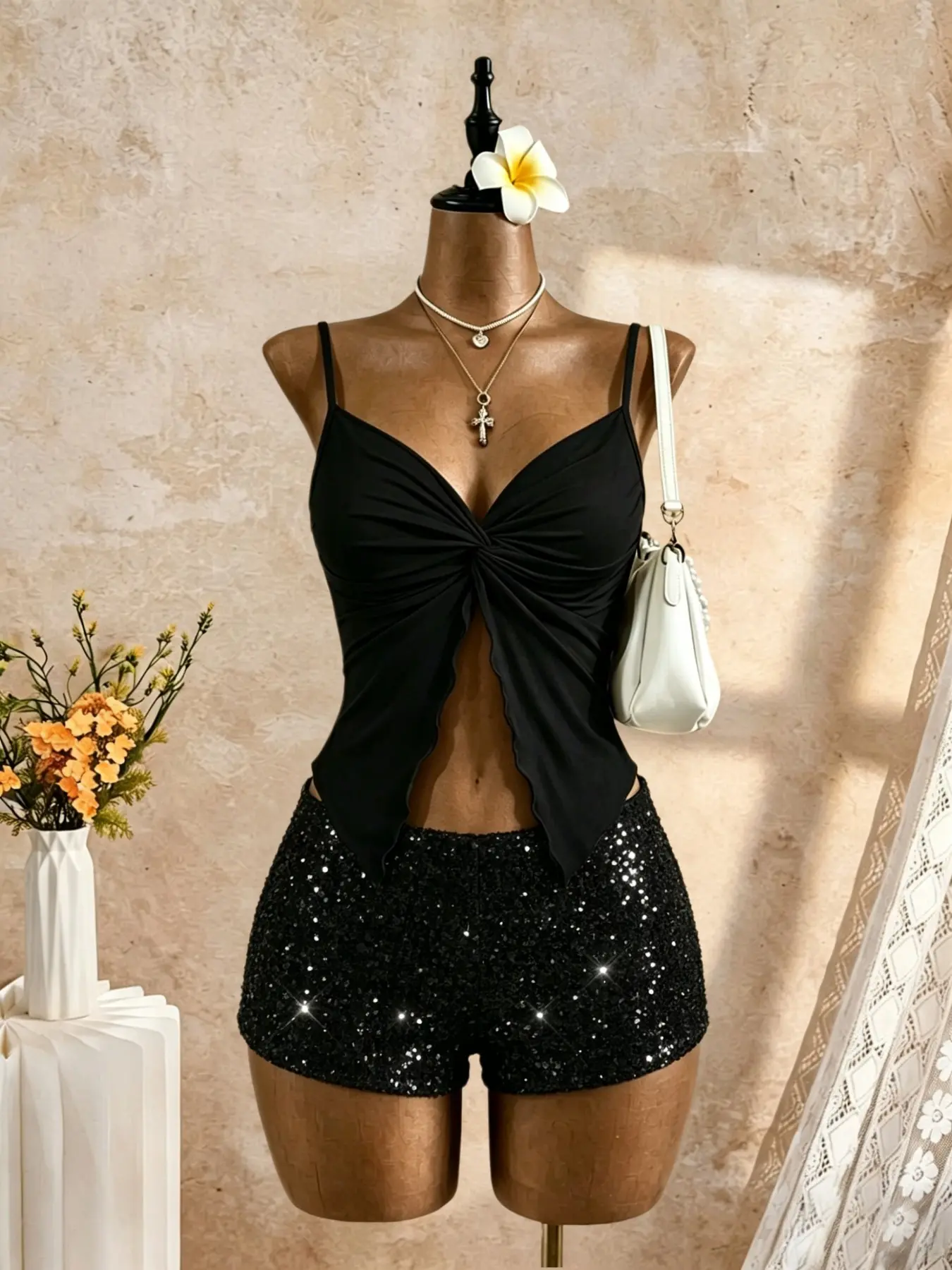 Women's Evening Set, Sequined Shorts and Ruched Thin Strap Top, Two-Piece Ensemble for Night Out, Stylish Ladies' Fashion Fit