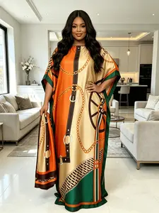 Women's Orange Beige Chain Wheel Print Maxi Kaftan Dress with Matching Headscarf 2 Piece Set, Lightweight Breathable Loose Batwing Beach Cover Up, Loungewear Nightgown Pajama for Resort Pool Home Sleepwear