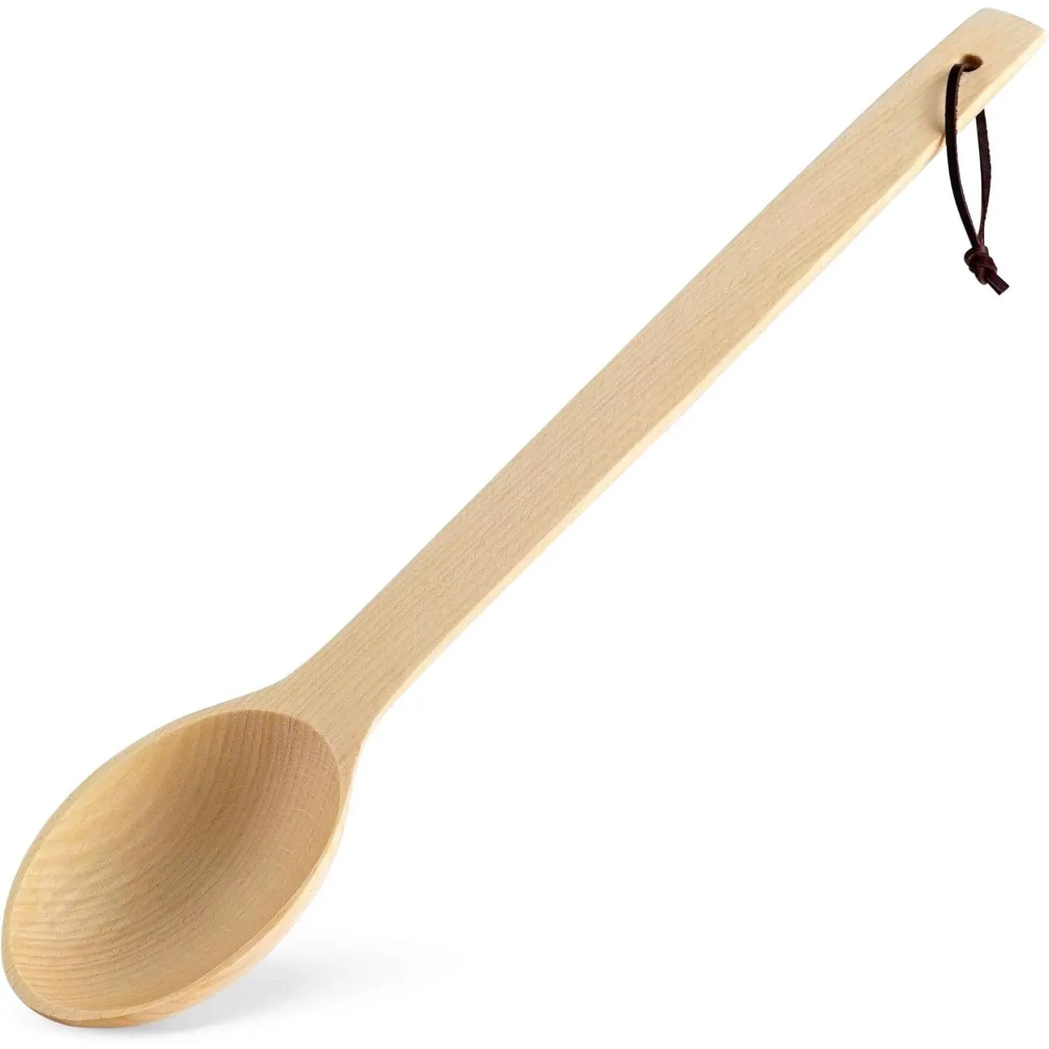 17in Long Handle Beech Kitchen Spoon with Large Scoop - Heavy-Duty Kitchen Utensil, Heatproof Leather Loop, Non-Scratch, Multi-Use for Stirring, Serving, Outdoor Cooking, Utensils
