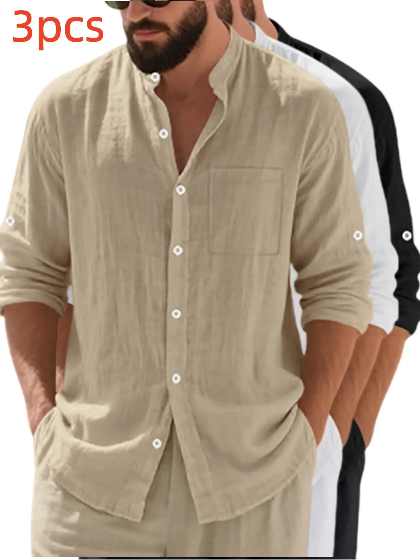 3pcs Men's Classic Casual Top Linen Shirt, Menswear, Stand Collar Button Front, Breathable Long Sleeve, Pocket Design, All Seasons Wear, Breathable Casual Clothing