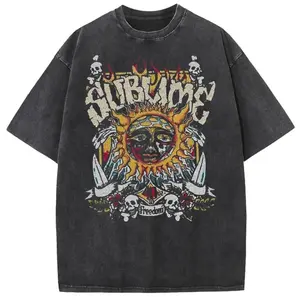 Vintage Sun Pattern Acid Wash Oversized T Shirt for Men and Women Heavyweight Cotton Casual Graphic Tee